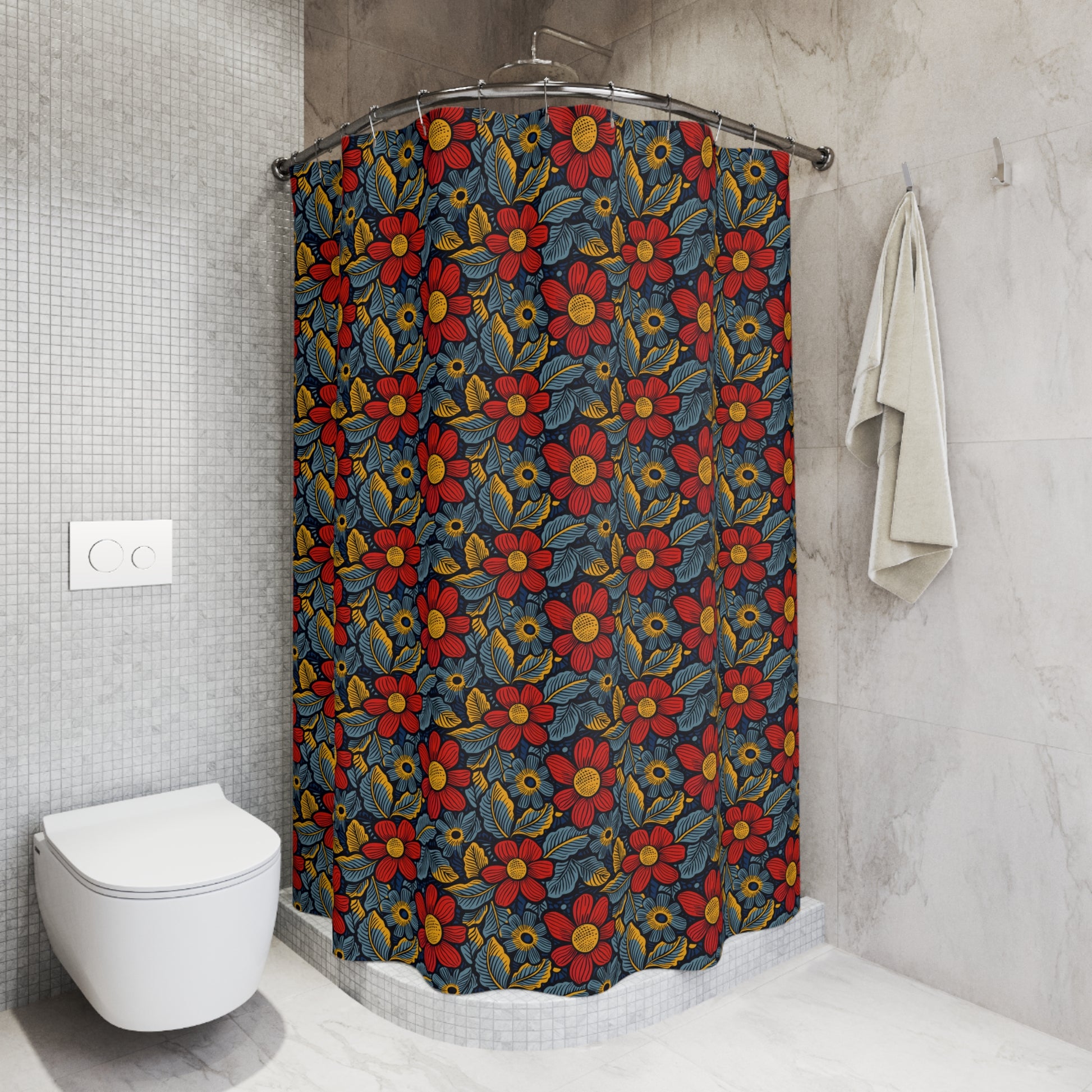 Floral patterned shower curtain in a bathroom setting