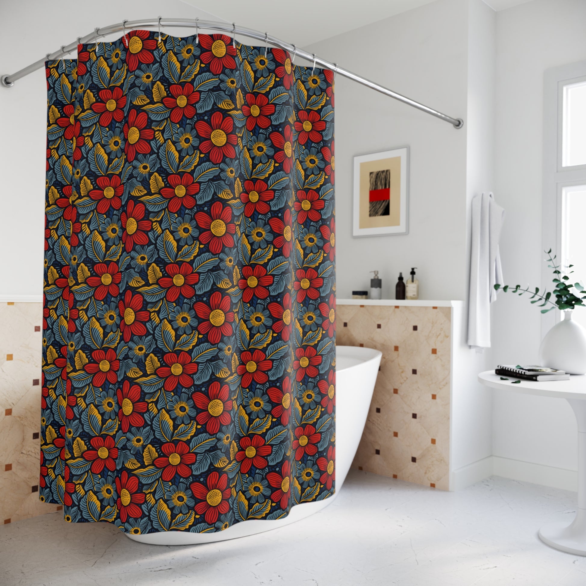 Floral patterned shower curtain in a bathroom setting