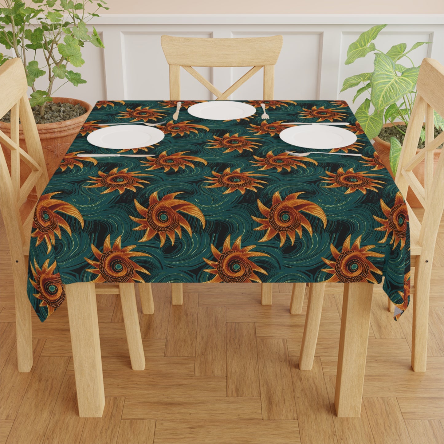 African mudcloth print tablecloth on dining table