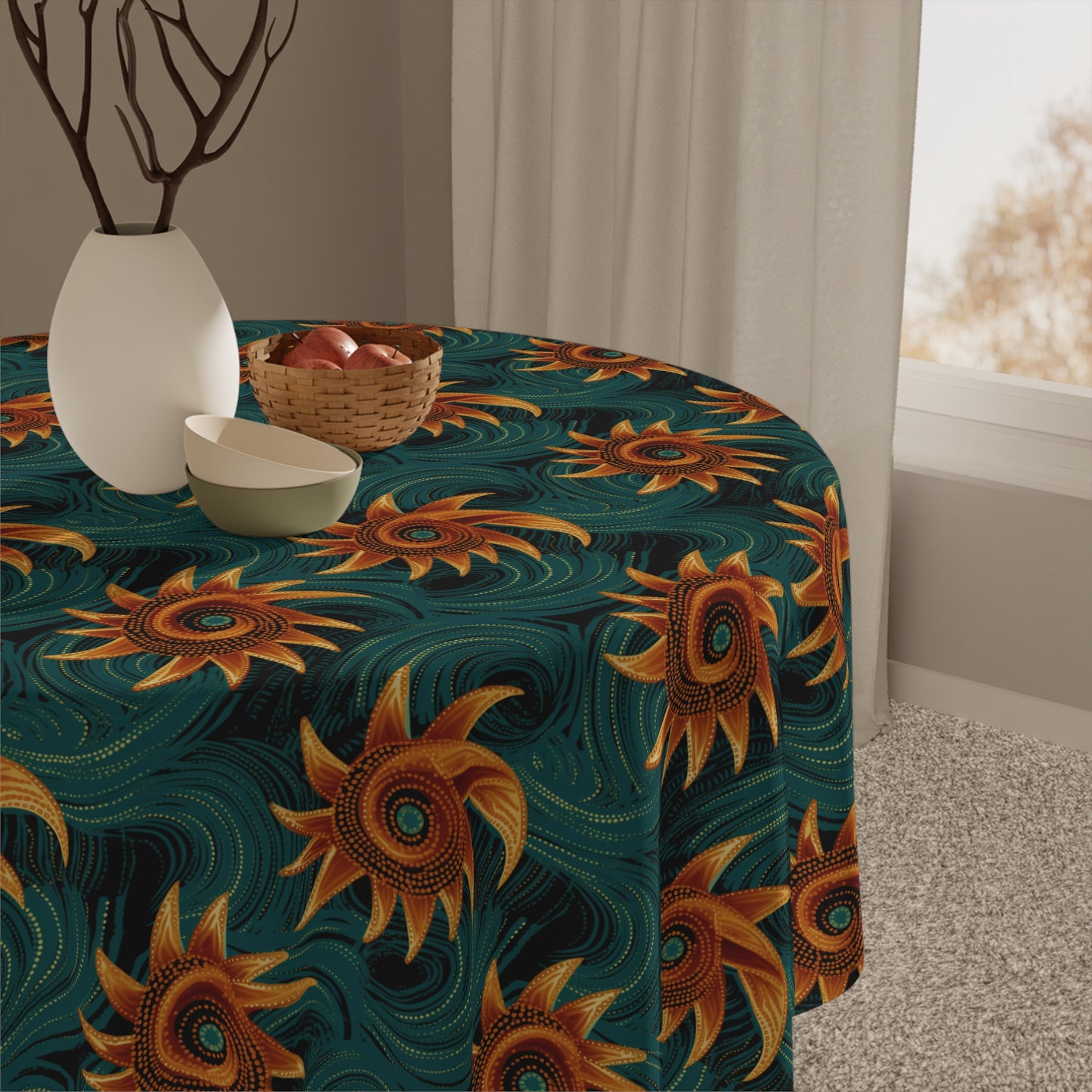 Boho tribal pattern tablecloth in modern kitchen