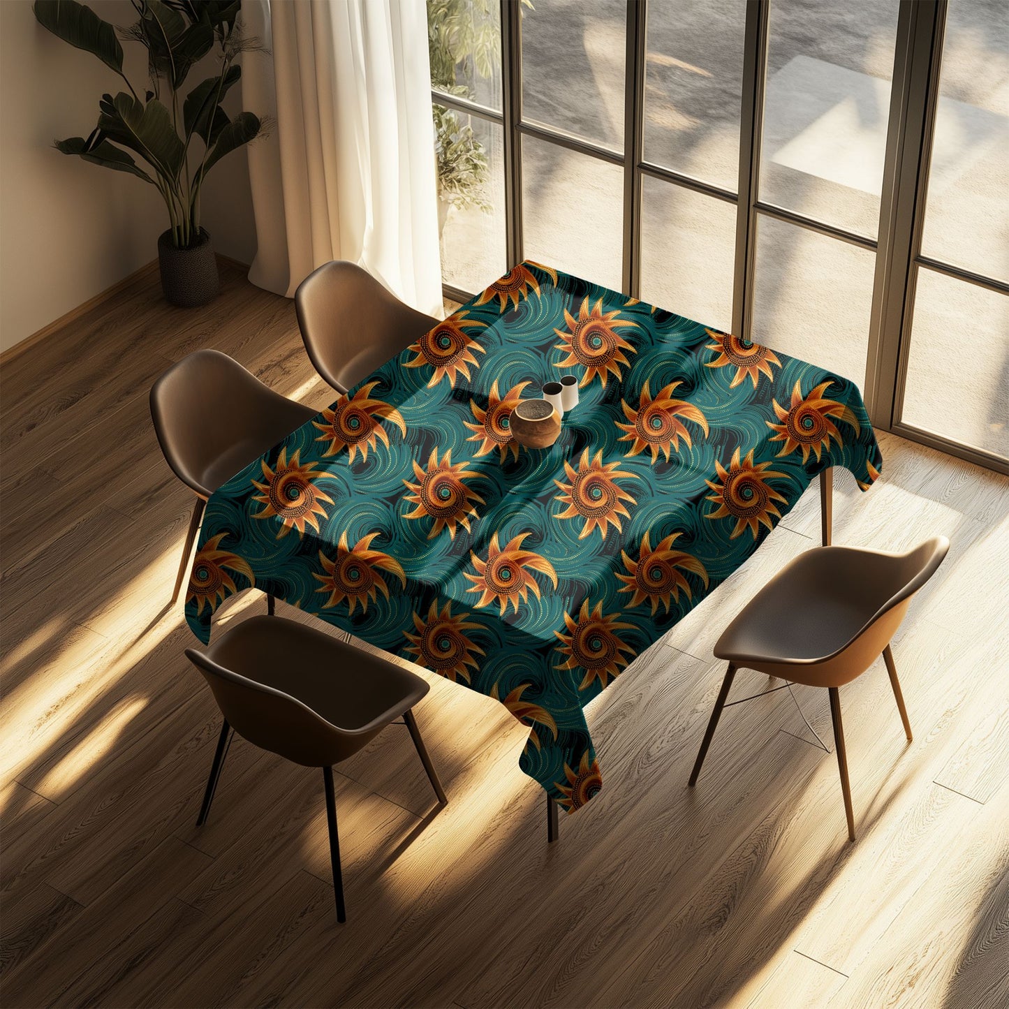 Dining table with a decorative tablecloth featuring sun patterns in a well-lit room.