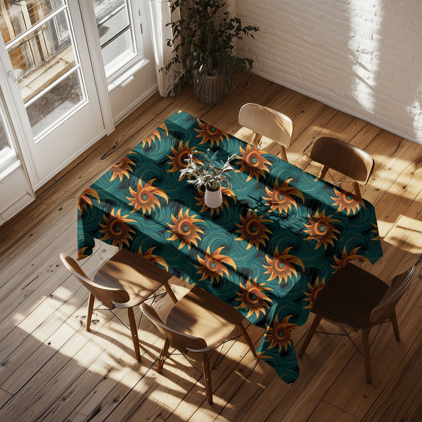 Dining table with a sunflower patterned tablecloth in a bright room with wooden floor and white walls.