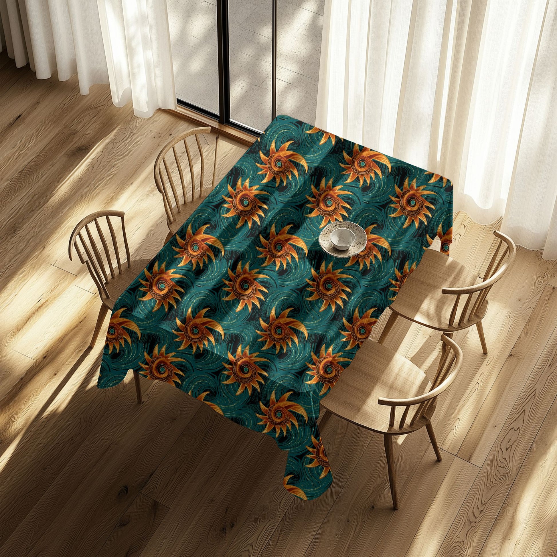 Tablecloth with sunflower pattern on a wooden table in a bright room