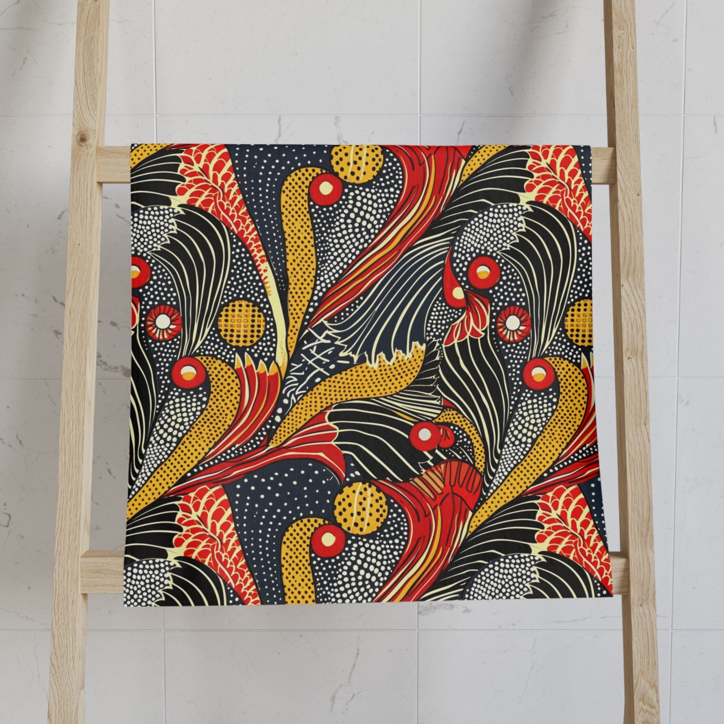 Colorful fabric with a floral pattern on a wooden ladder against a white wall.