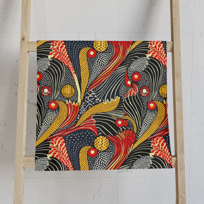 Colorful fabric with a floral pattern on a wooden ladder against a white wall.