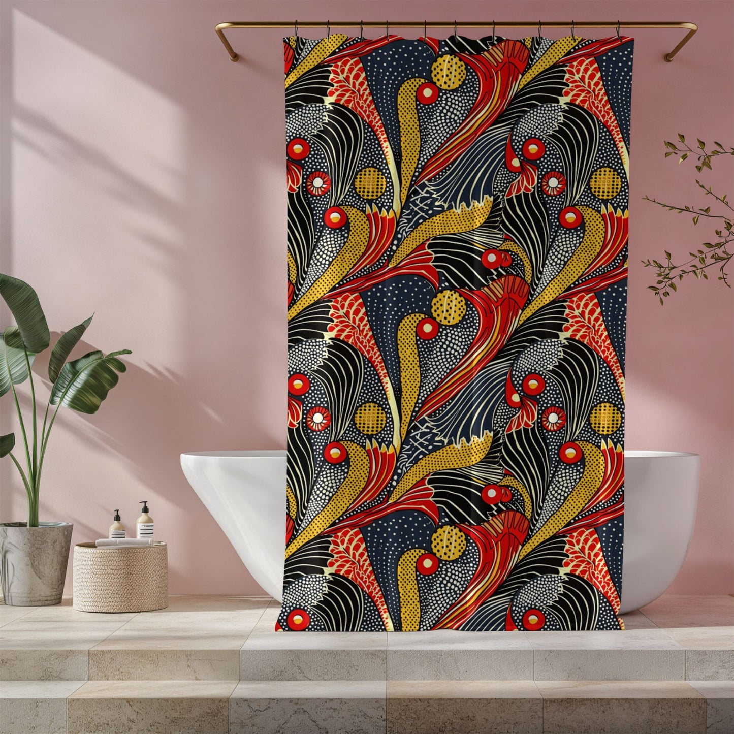 Decorative shower curtain with a colorful abstract pattern in a bathroom setting.