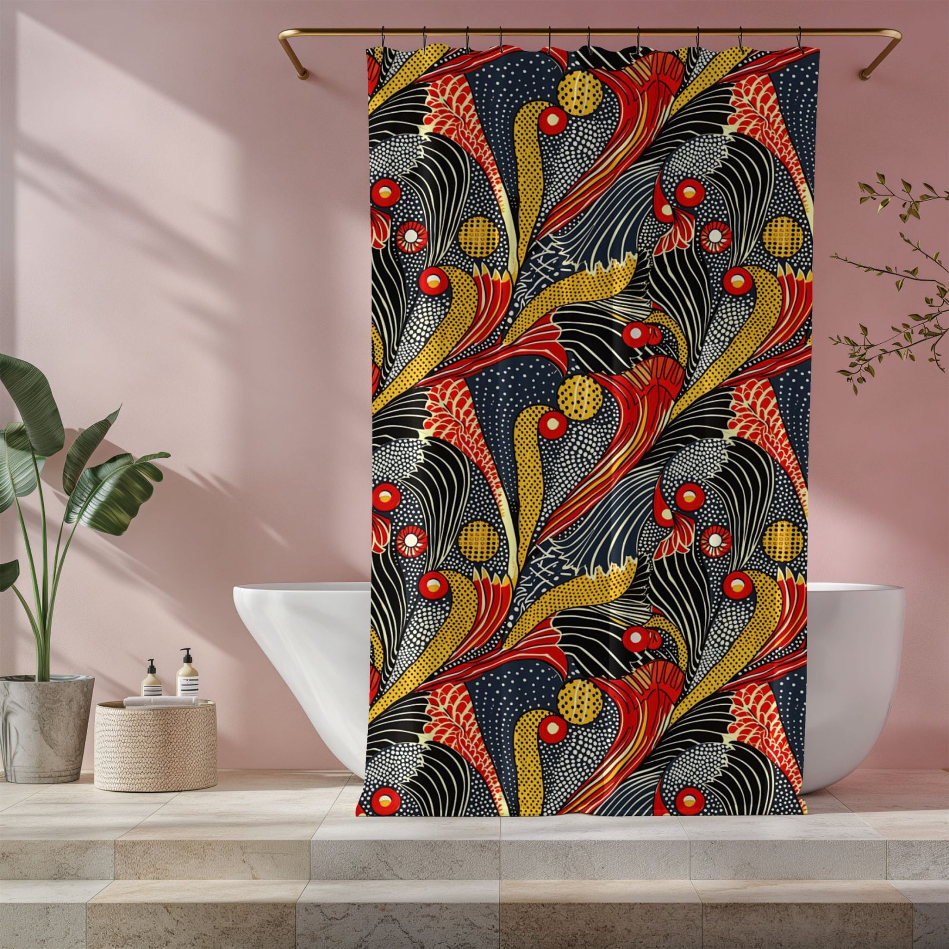 Decorative shower curtain with a colorful abstract pattern in a bathroom setting.