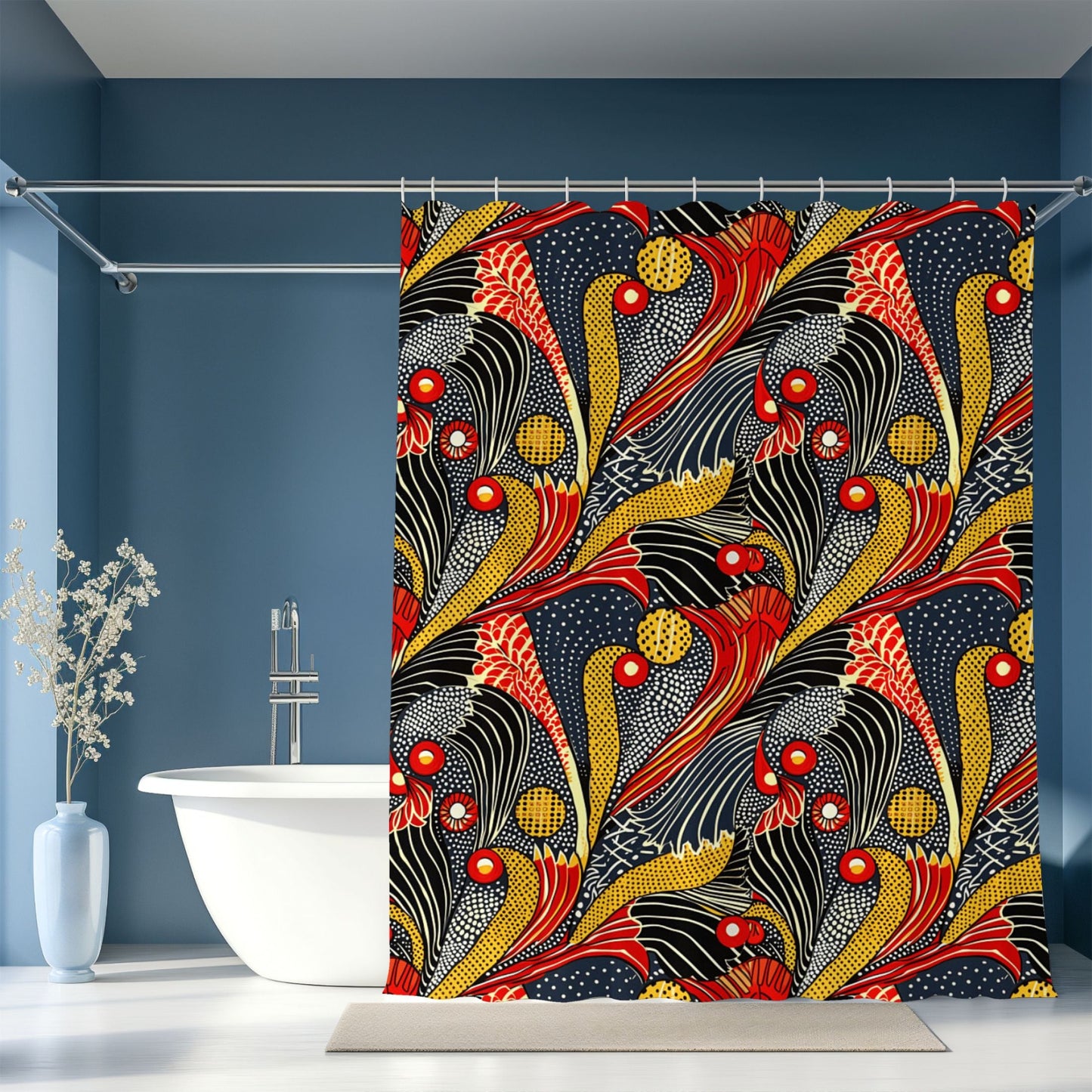 Shower curtain with a colorful abstract design in a bathroom setting