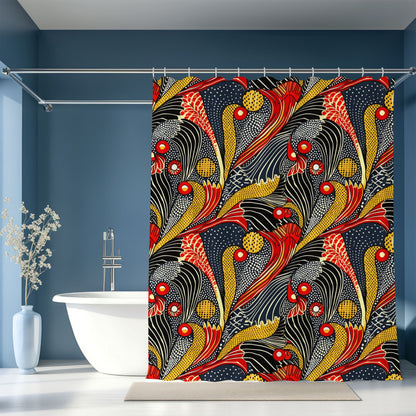 Shower curtain with a colorful abstract design in a bathroom setting