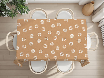 Cultural print tablecloth styled with napkins and placemats