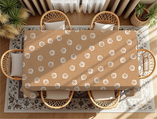 Cultural print tablecloth styled with napkins and placemats