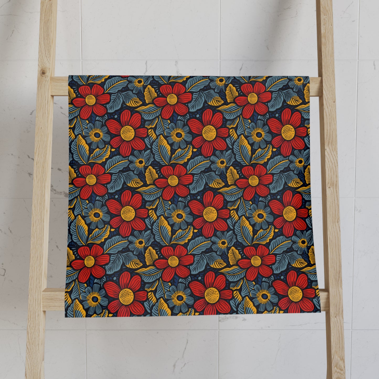 Floral patterned towel on a wooden ladder against a white wall