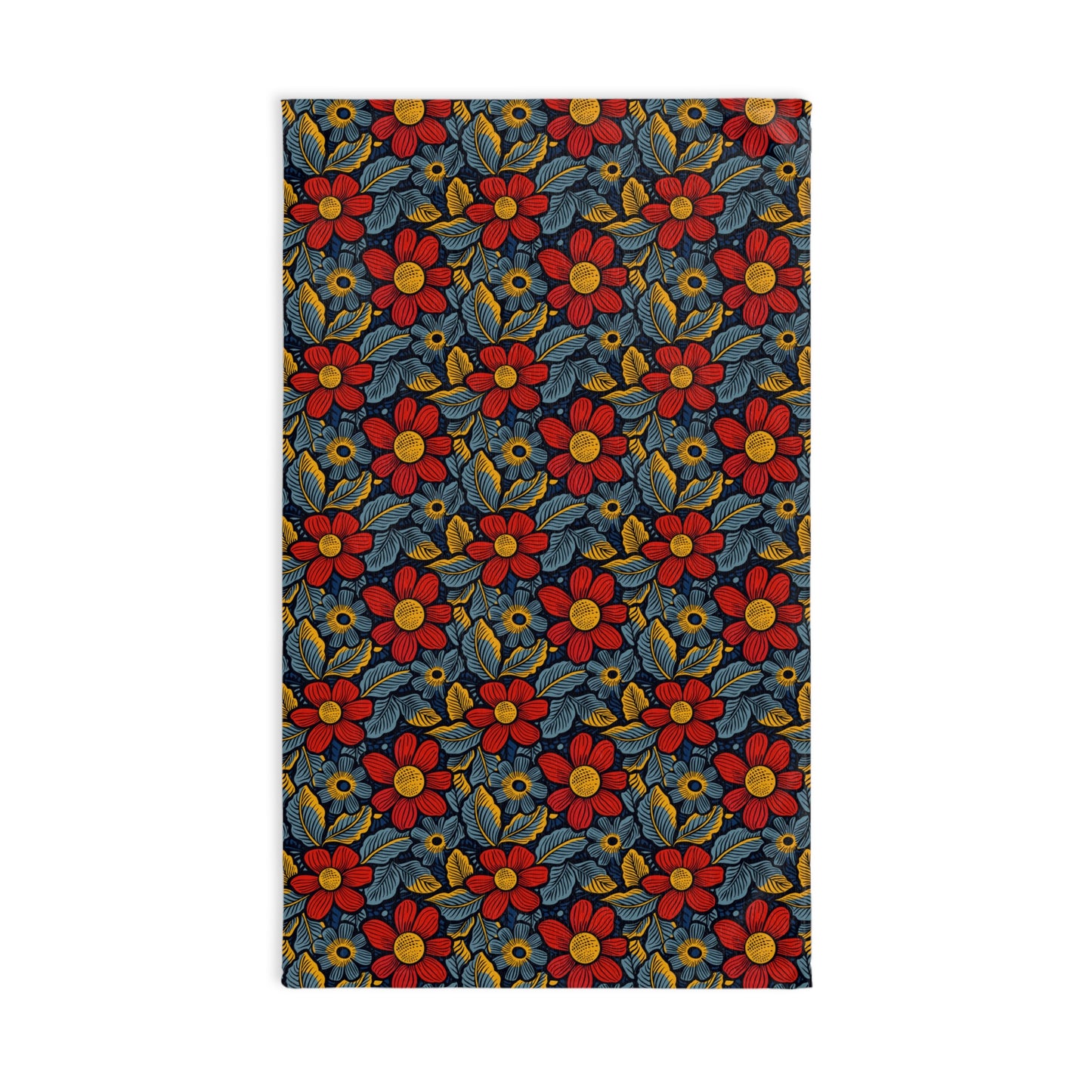 Floral patterned towel with red, yellow, and blue flowers on a dark background