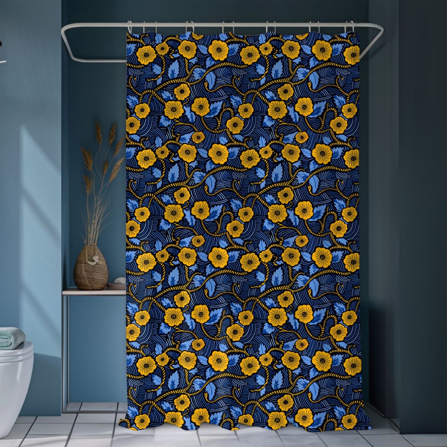 Shower curtain with blue and yellow floral pattern in a bathroom setting