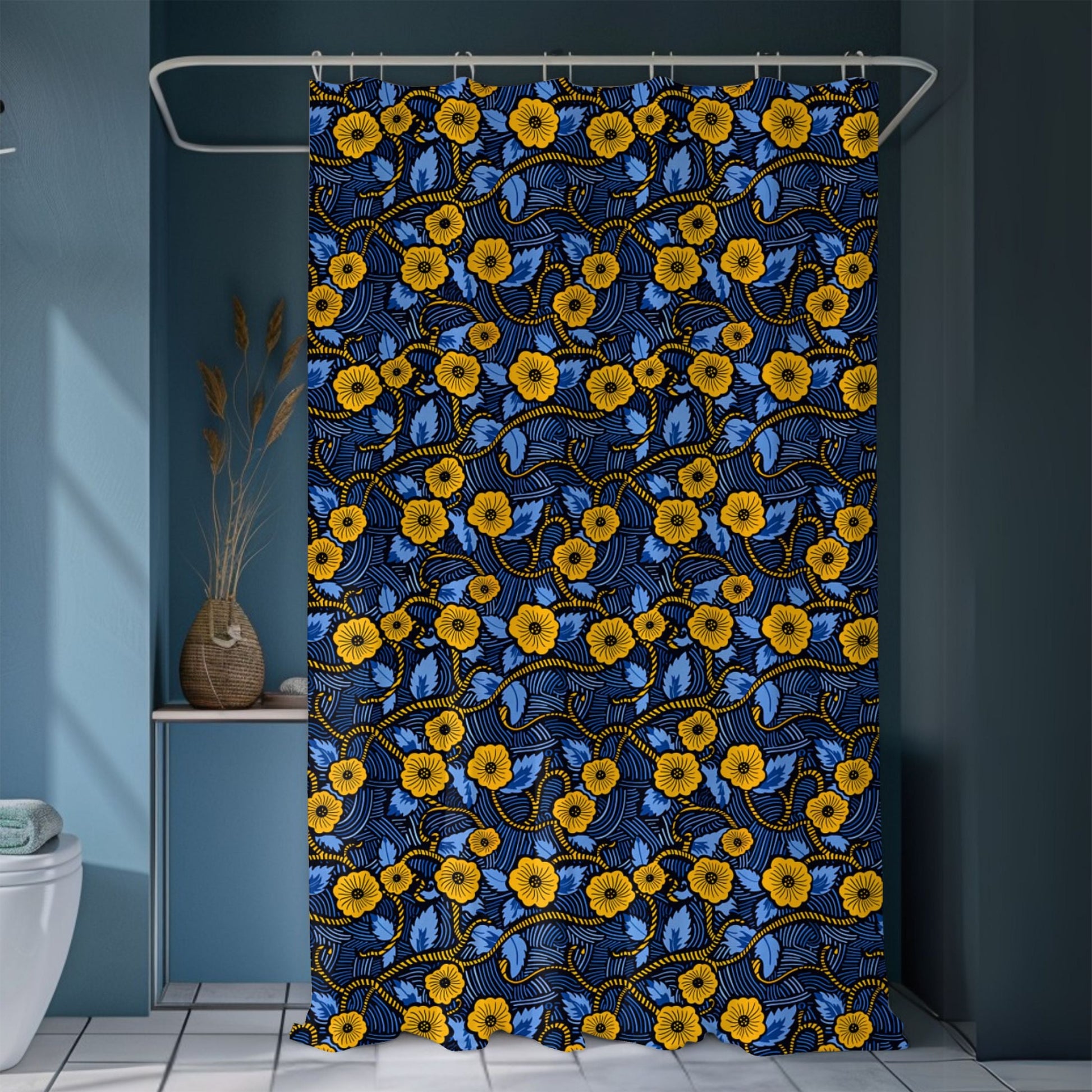 Shower curtain with blue and yellow floral pattern in a bathroom setting