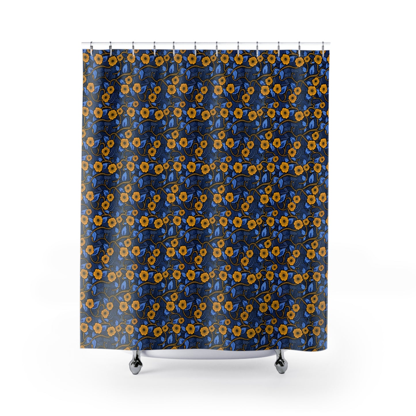 Shower curtain with blue and yellow floral pattern on a white background