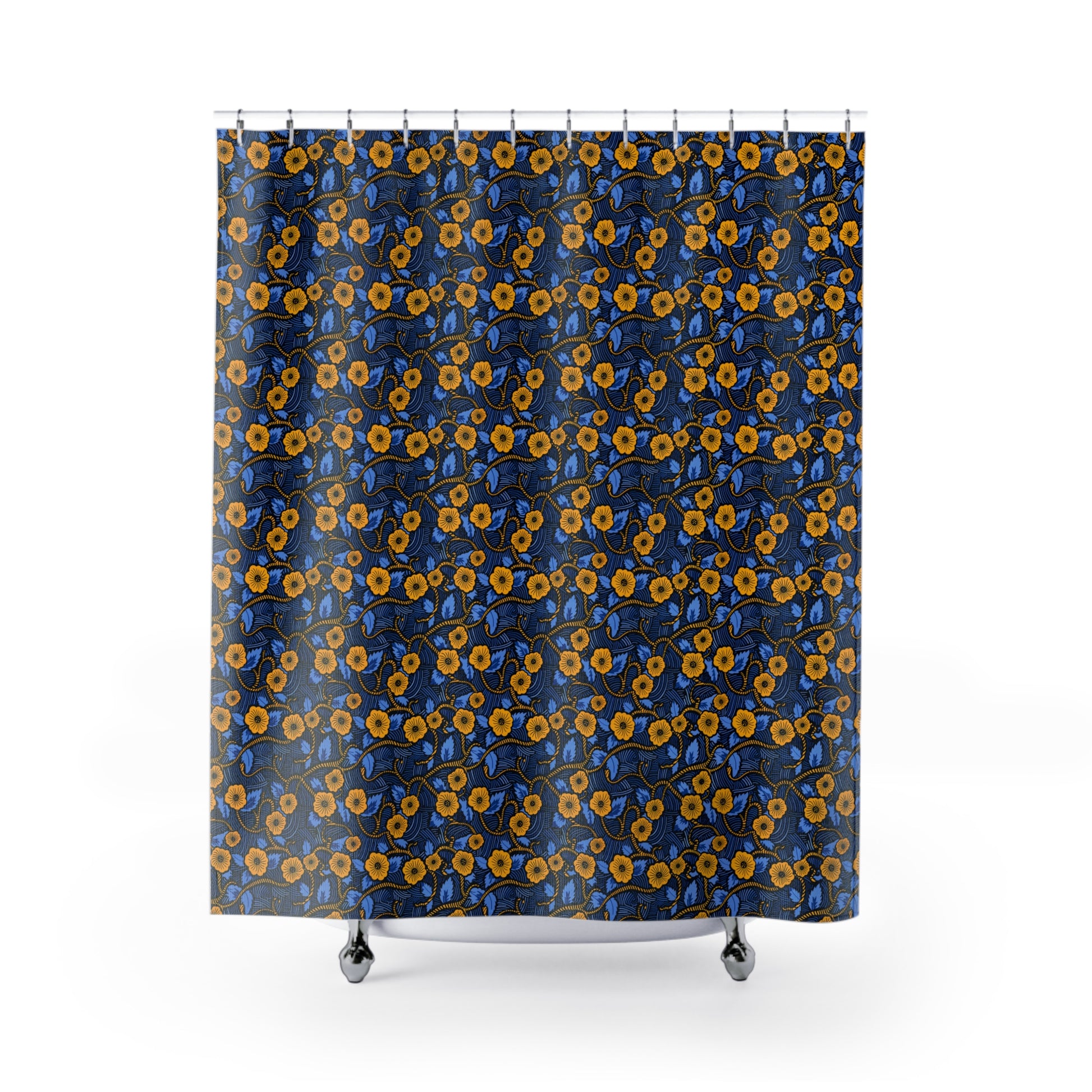 Shower curtain with blue and yellow floral pattern on a white background