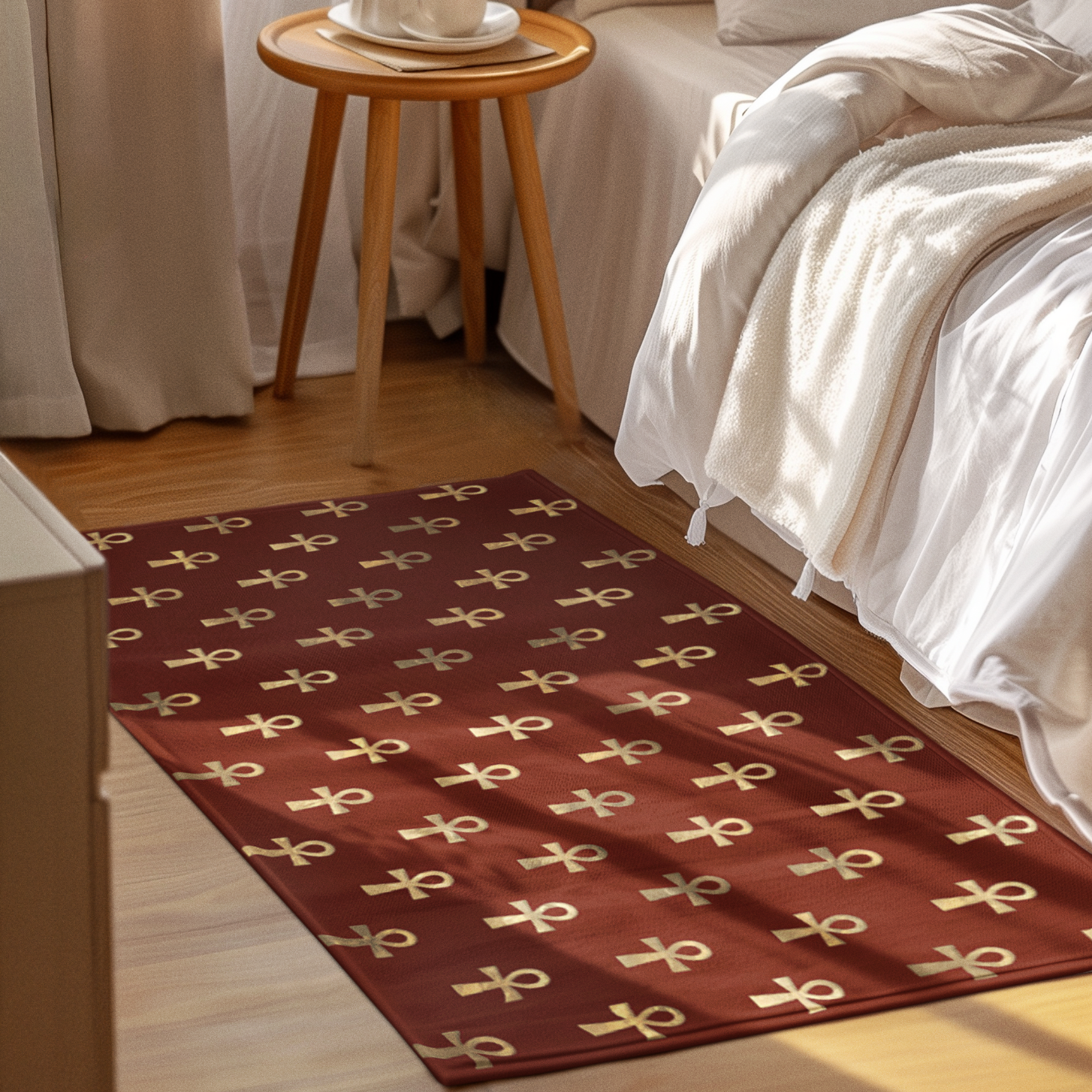 Mockup of a modern bedroom with aesthetic decor and a patterned floor mat by the bed