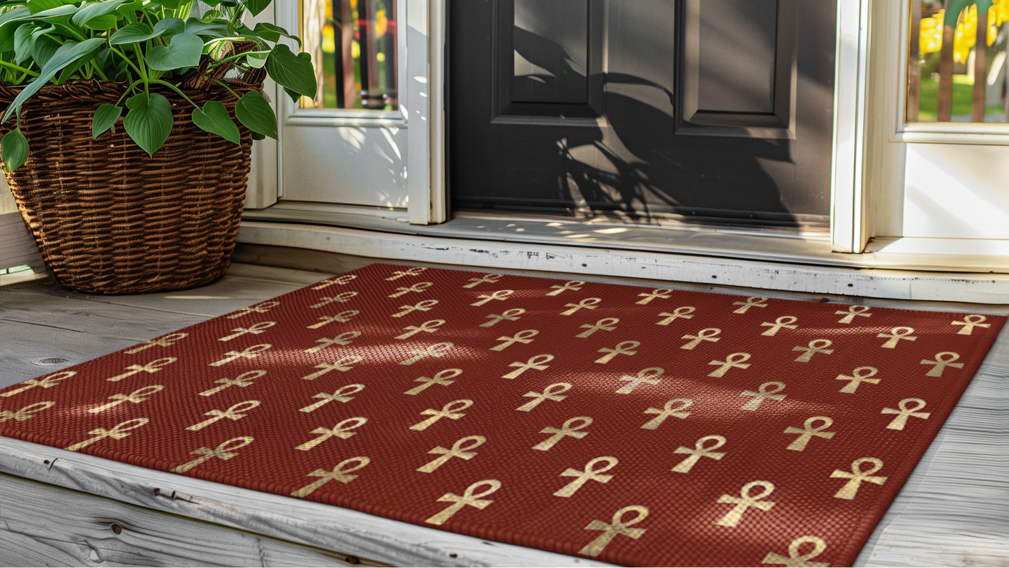 Red floor mat with gold ankhs at house entrance, black door, and wicker plant basket