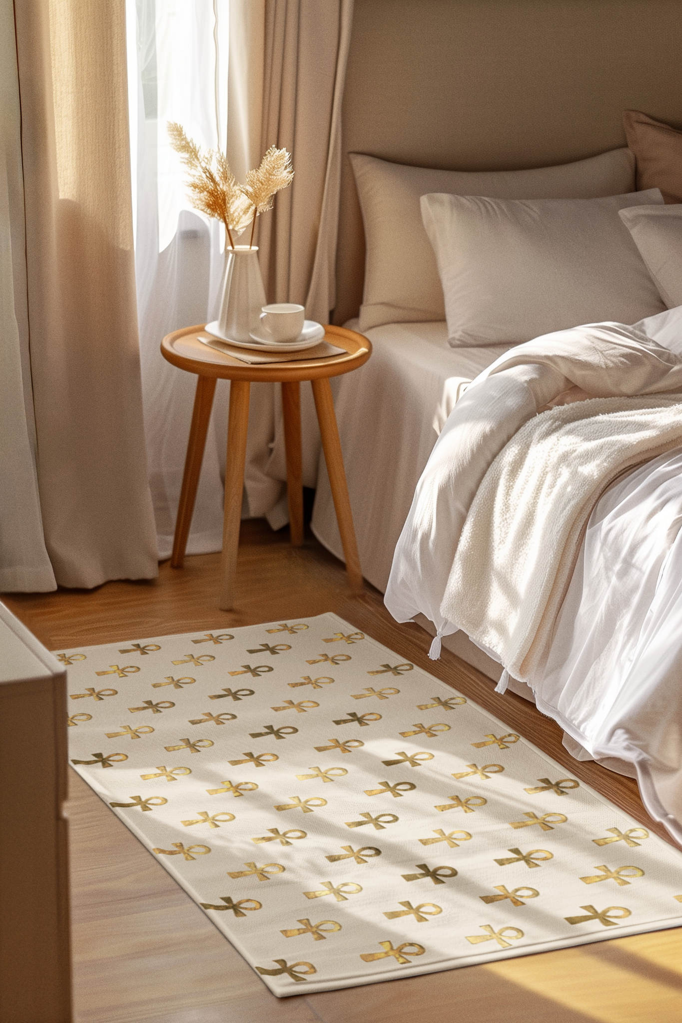 Floor mat with gold ankh pattern in cozy, sunlit bedroom with neutral decor