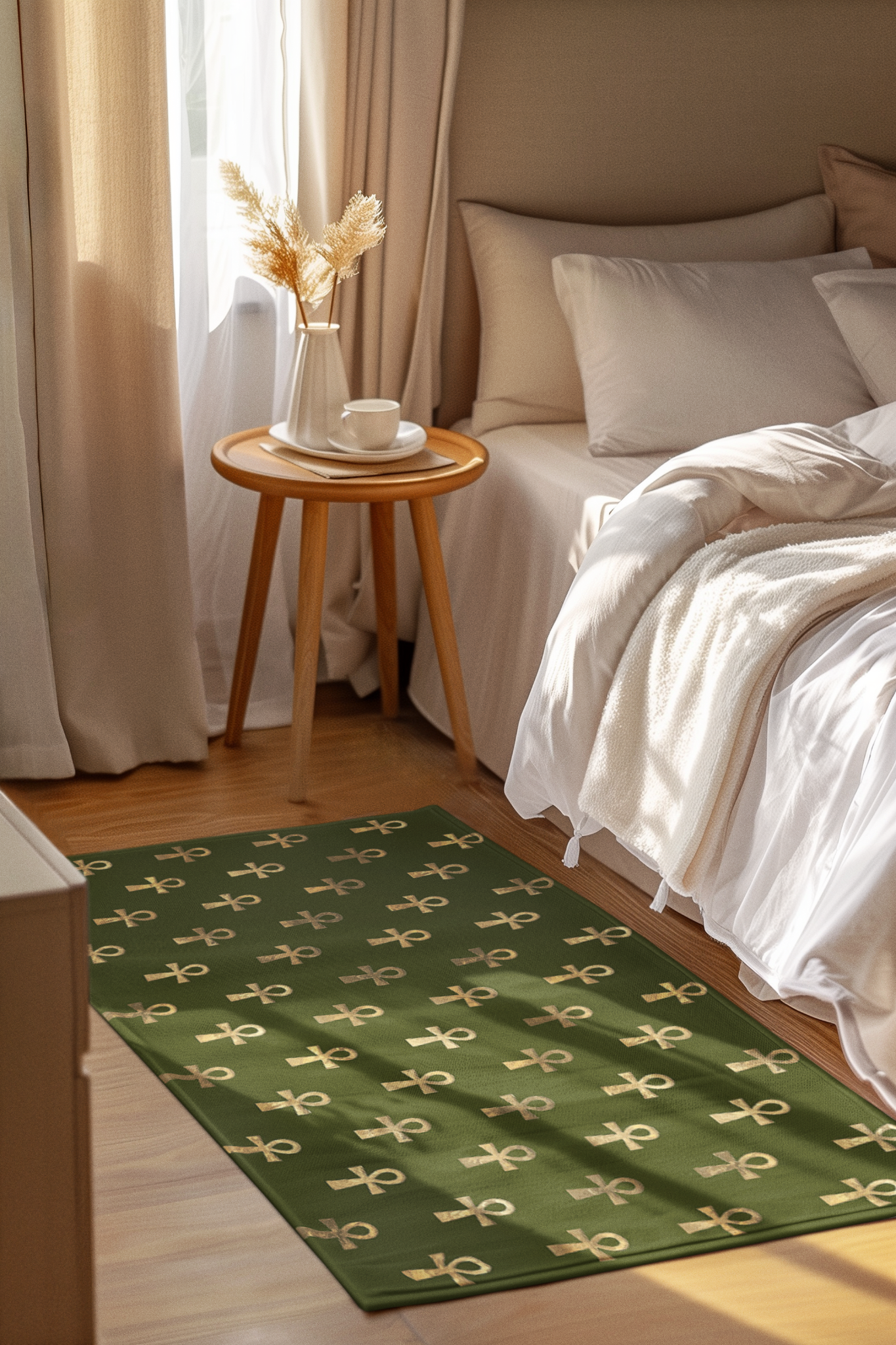 Green floor mat with gold ankh symbols in a cozy, sunlit bedroom with neutral bedding decor