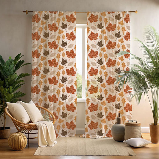 Leaf-patterned curtains in a room with a chair, plants, and decor items.