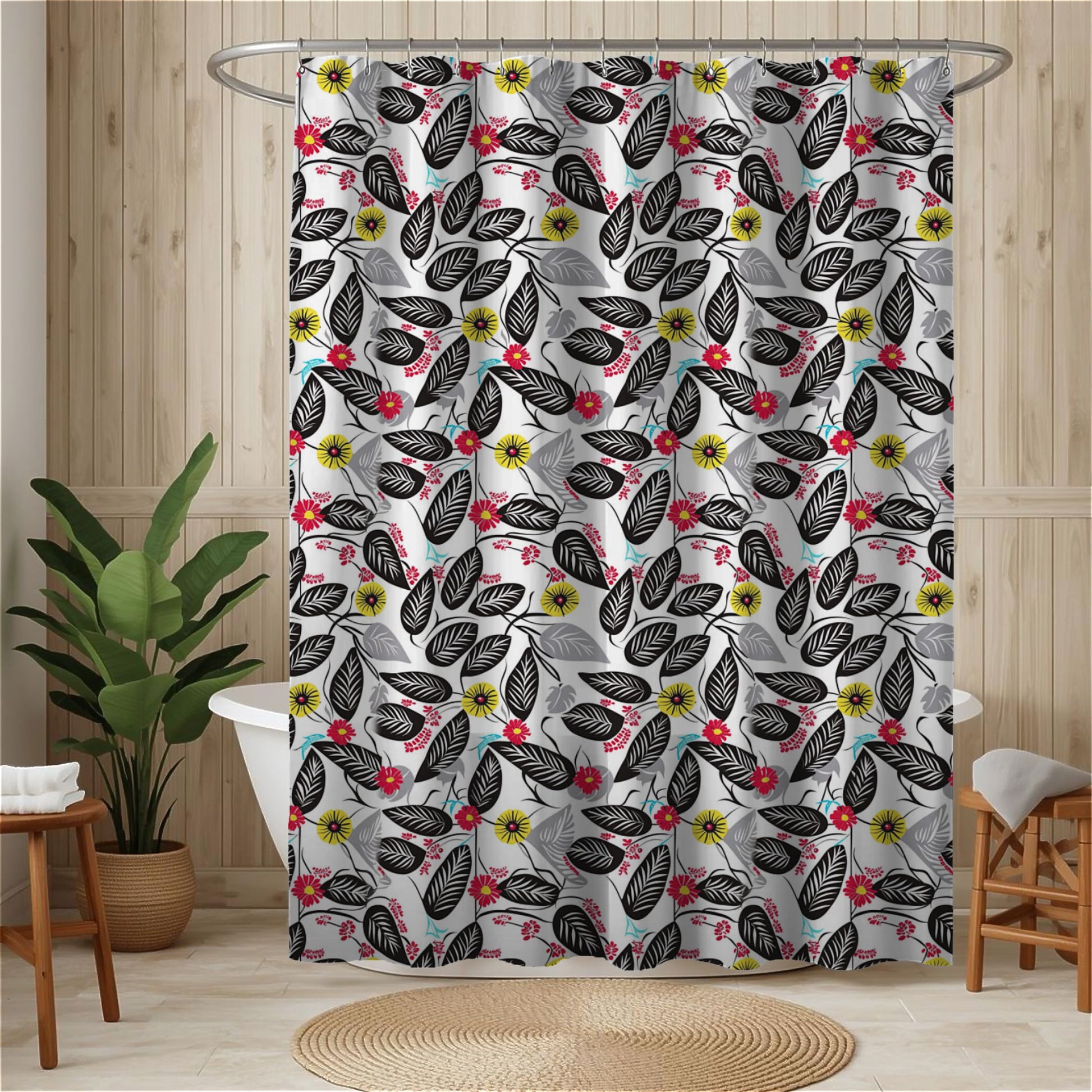Shower curtain with floral and leaf pattern in a bathroom setting