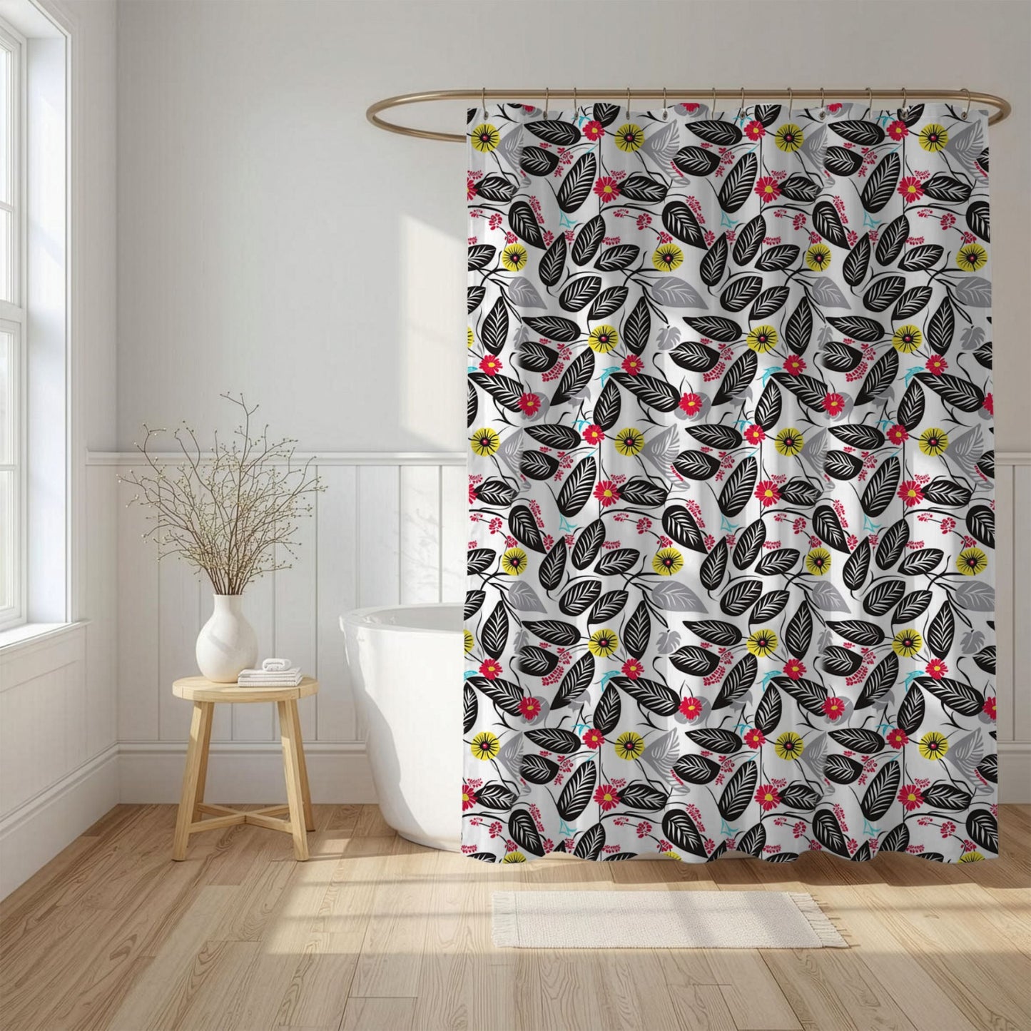 Shower curtain with Batik floral pattern in a bathroom setting