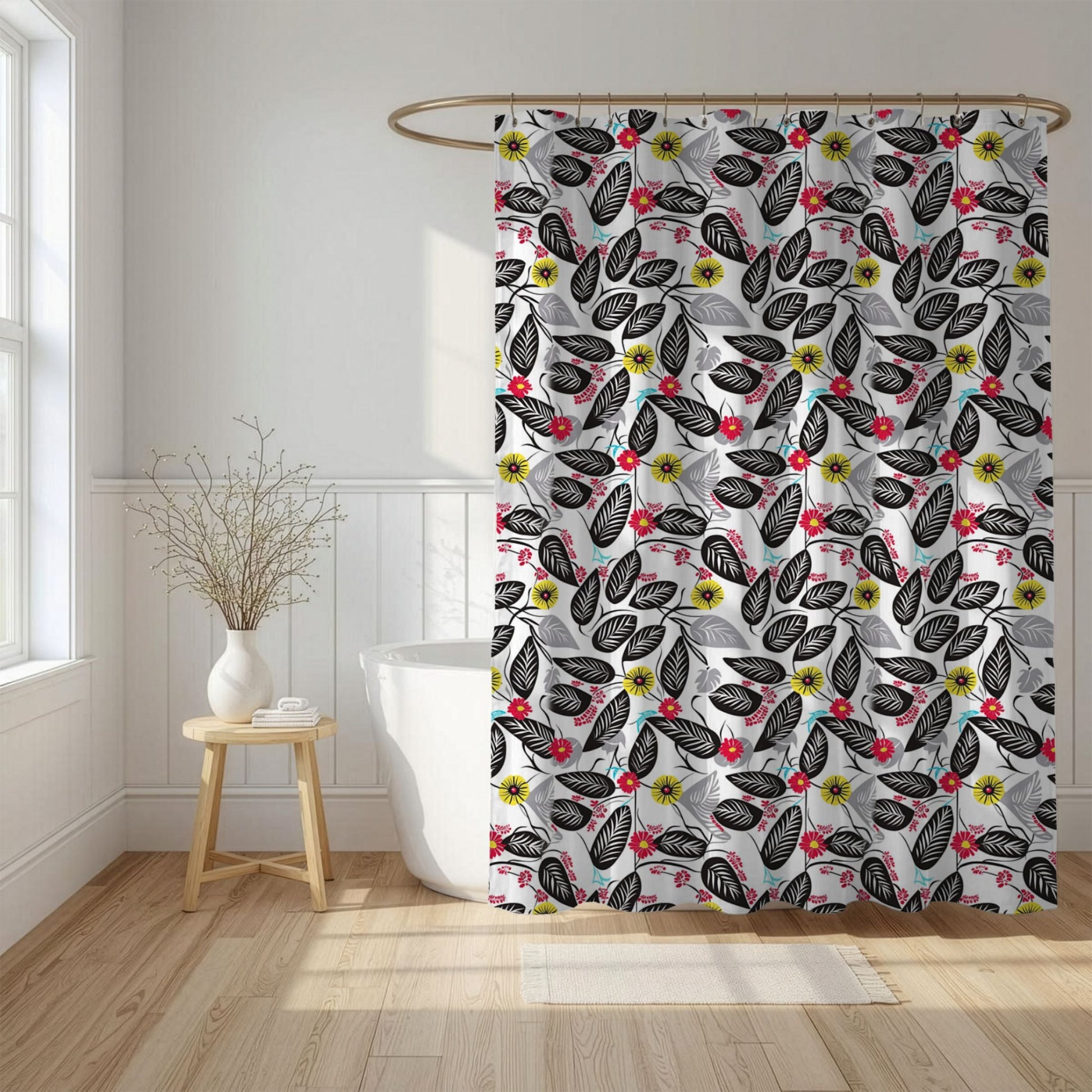 Shower curtain with Batik floral pattern in a bathroom setting