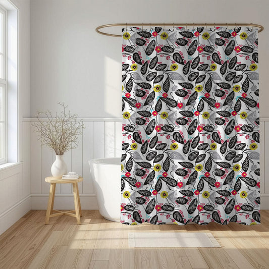 Shower curtain with Batik floral pattern in a bathroom setting