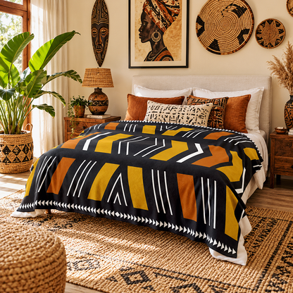 A bed dressed in a bold geometric comforter set with black, mustard yellow, orange, and white tribal-inspired patterns, styled in a warm, bohemian bedroom with African wall art, woven decor, and natural plants.