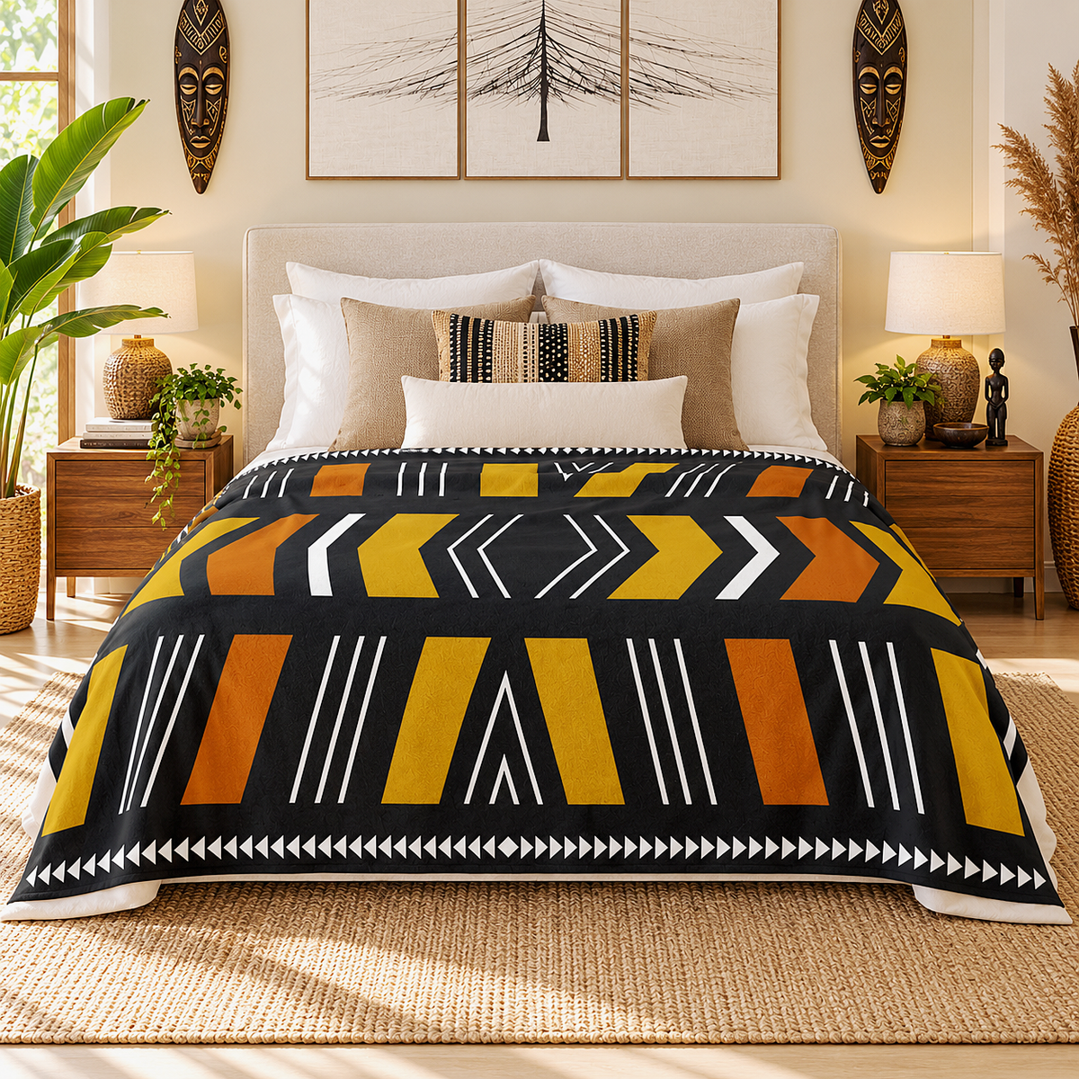 A bed dressed in a bold geometric patterned comforter set with black, mustard yellow, orange, and white tribal-style stripes and shapes, styled in a warm, modern bedroom with wooden nightstands, lamps, and decorative masks.