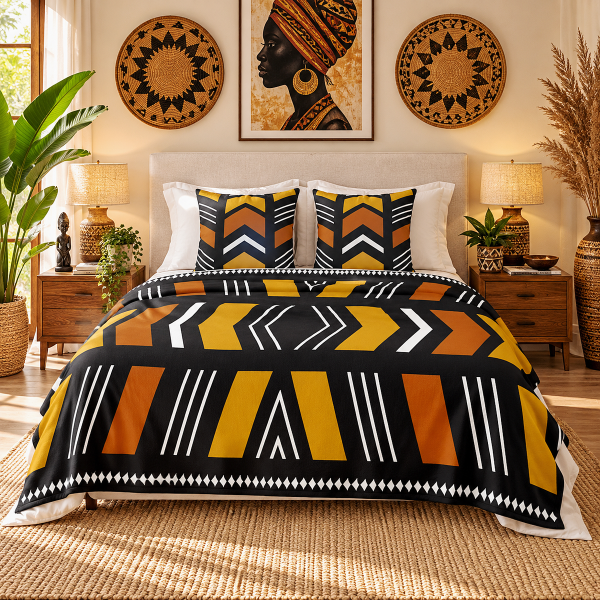 A bed dressed in a bold geometric patterned bedding set with matching pillow shams, styled in a warm, modern bedroom with wooden nightstands, lamps, plants, and wall art.