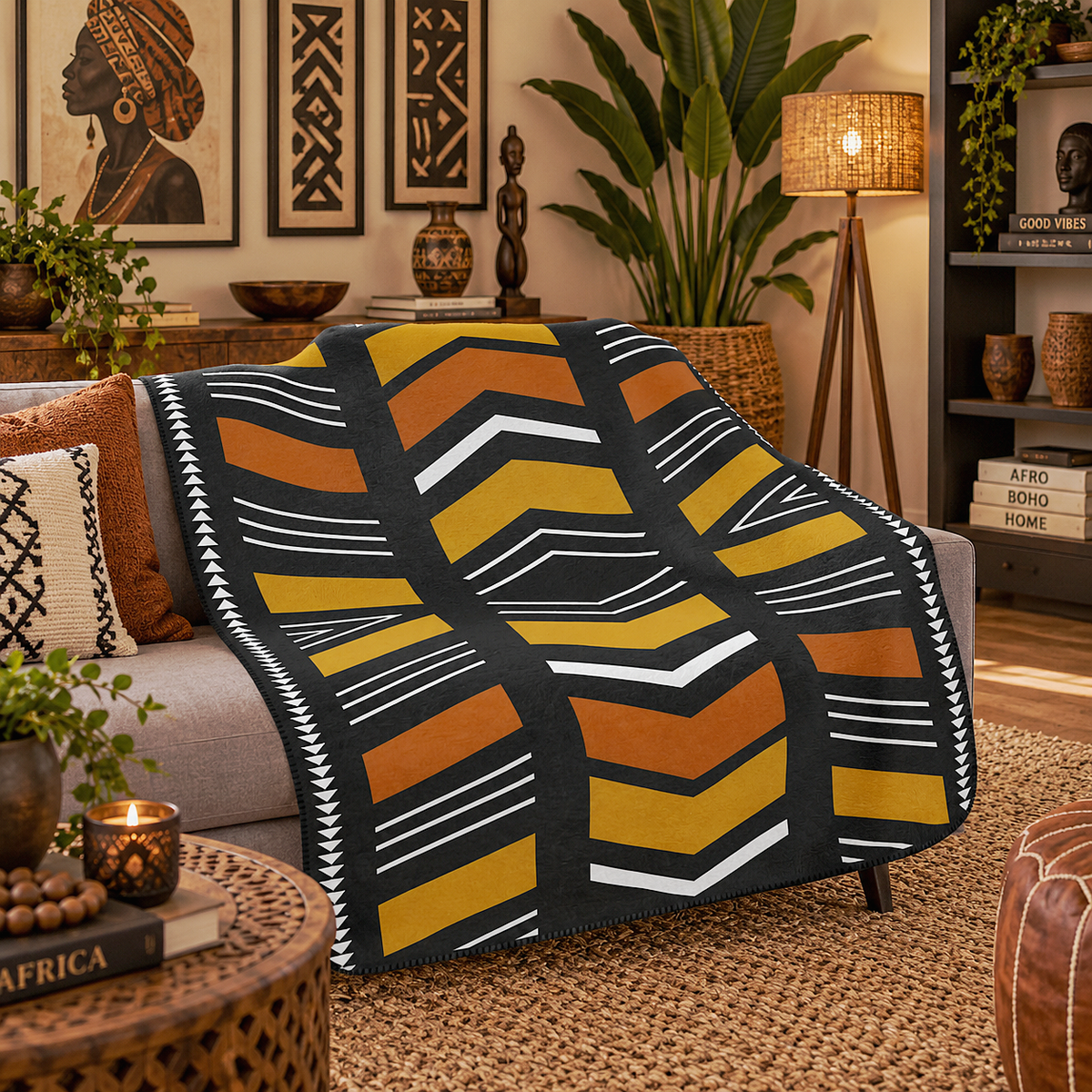 A patterned throw blanket draped over a gray sofa in a styled living room. The blanket features a bold geometric design with black, mustard yellow, orange, and white stripes and chevrons.
