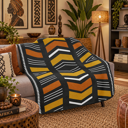 A patterned throw blanket draped over a gray sofa in a styled living room. The blanket features a bold geometric design with black, mustard yellow, orange, and white stripes and chevrons.