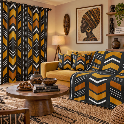 A styled living room featuring bold African-inspired geometric patterned curtains and matching throw blankets on a sofa, with a yellow sofa, wooden coffee table, and wall art.