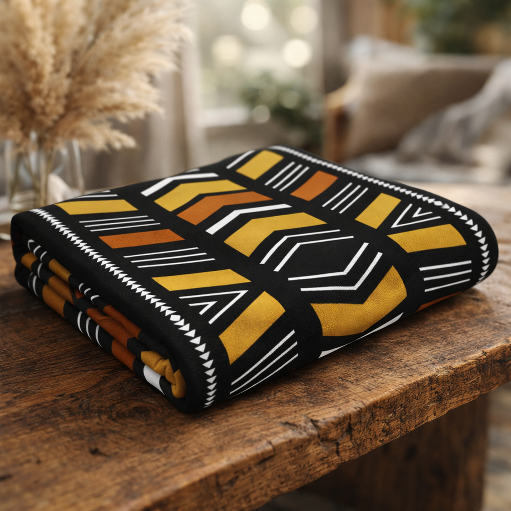 Folded blanket with geometric pattern on a wooden surface