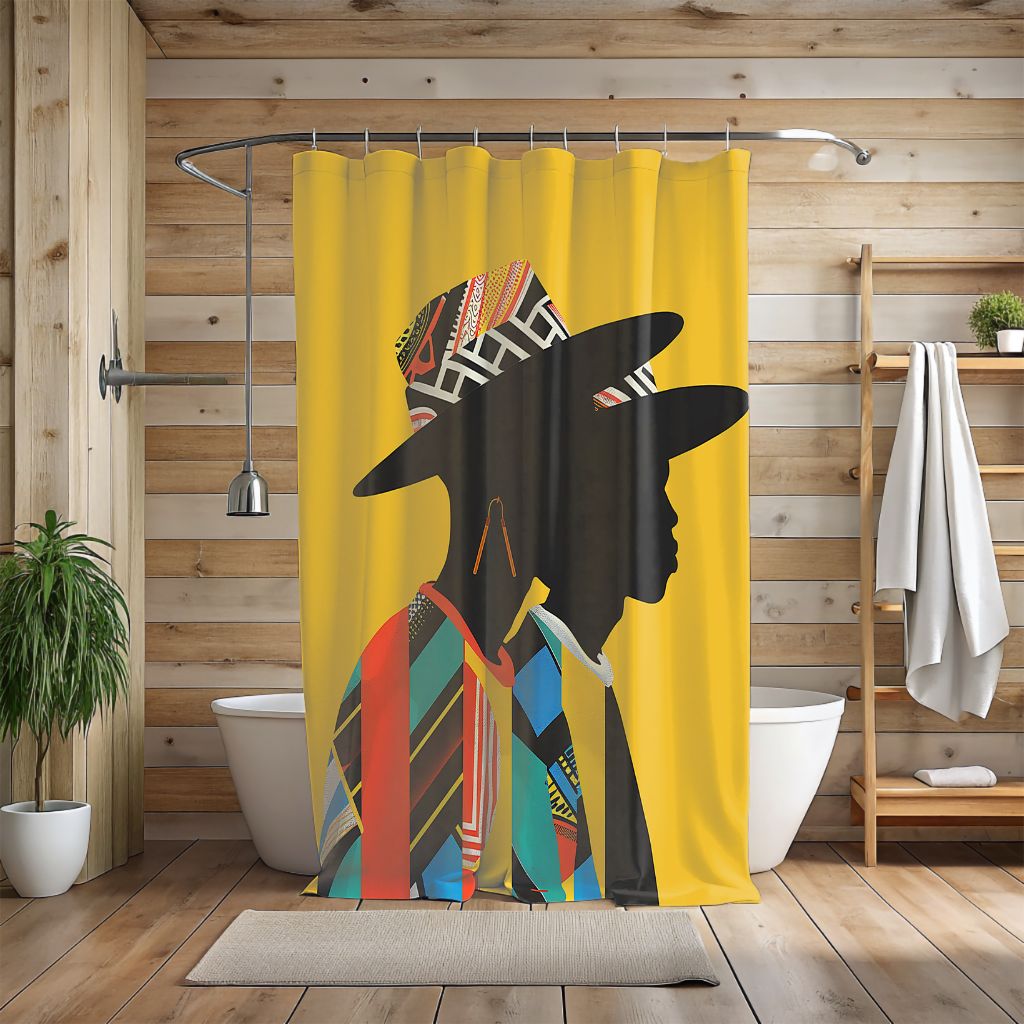 Shower curtain with a colorful design of two figures against a yellow background in a bathroom setting.