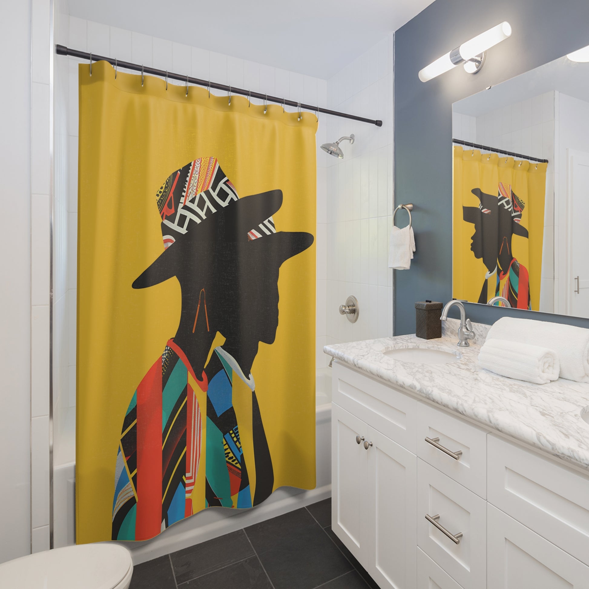 Bathroom with a colorful shower curtain featuring a stylized figure on a yellow background.