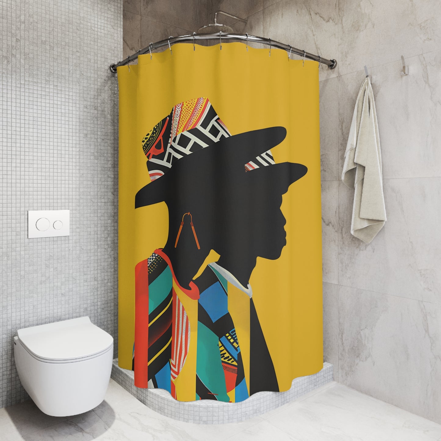 Shower curtain with a colorful design of a silhouette against a yellow background in a bathroom.