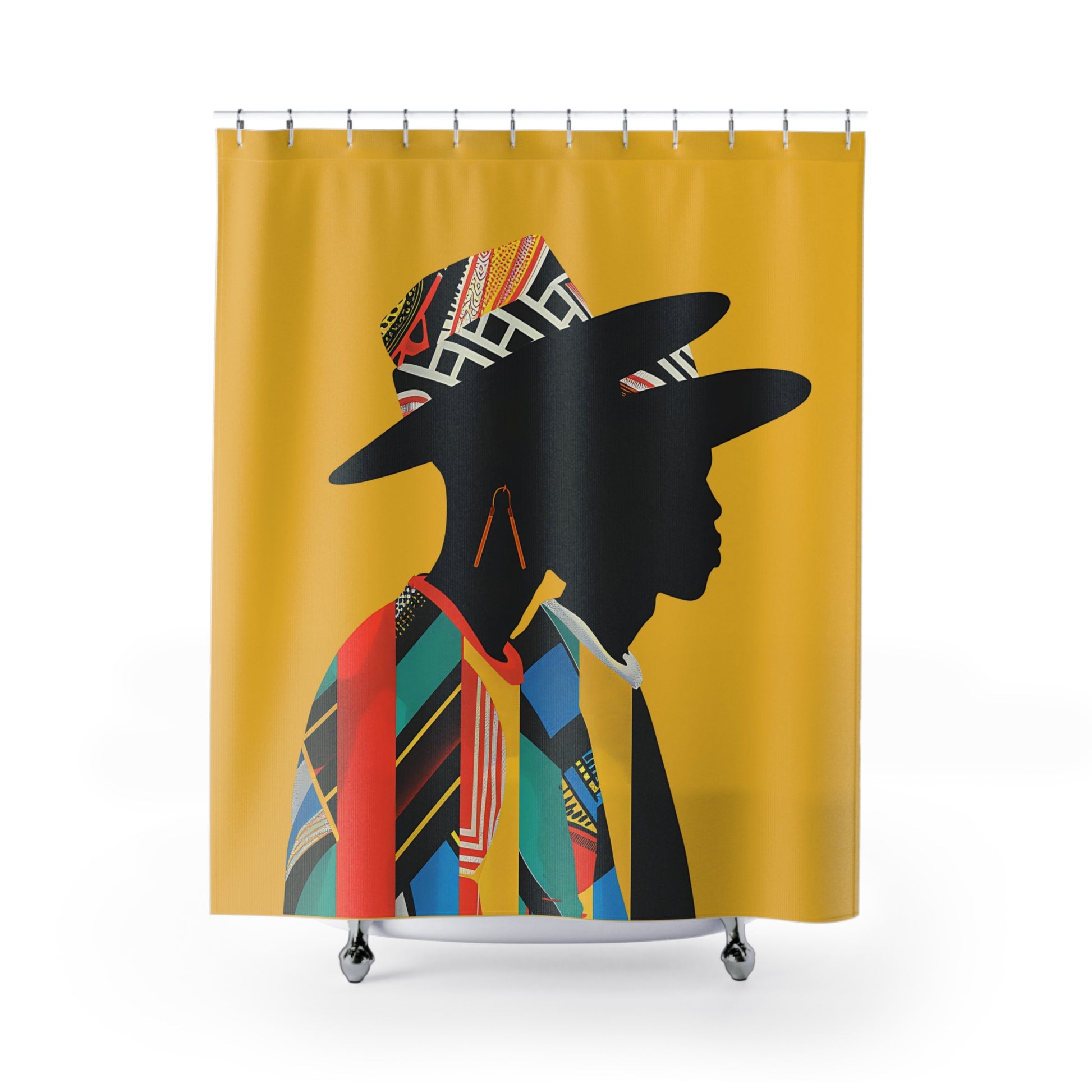 Shower curtain with a colorful silhouette design on a yellow background