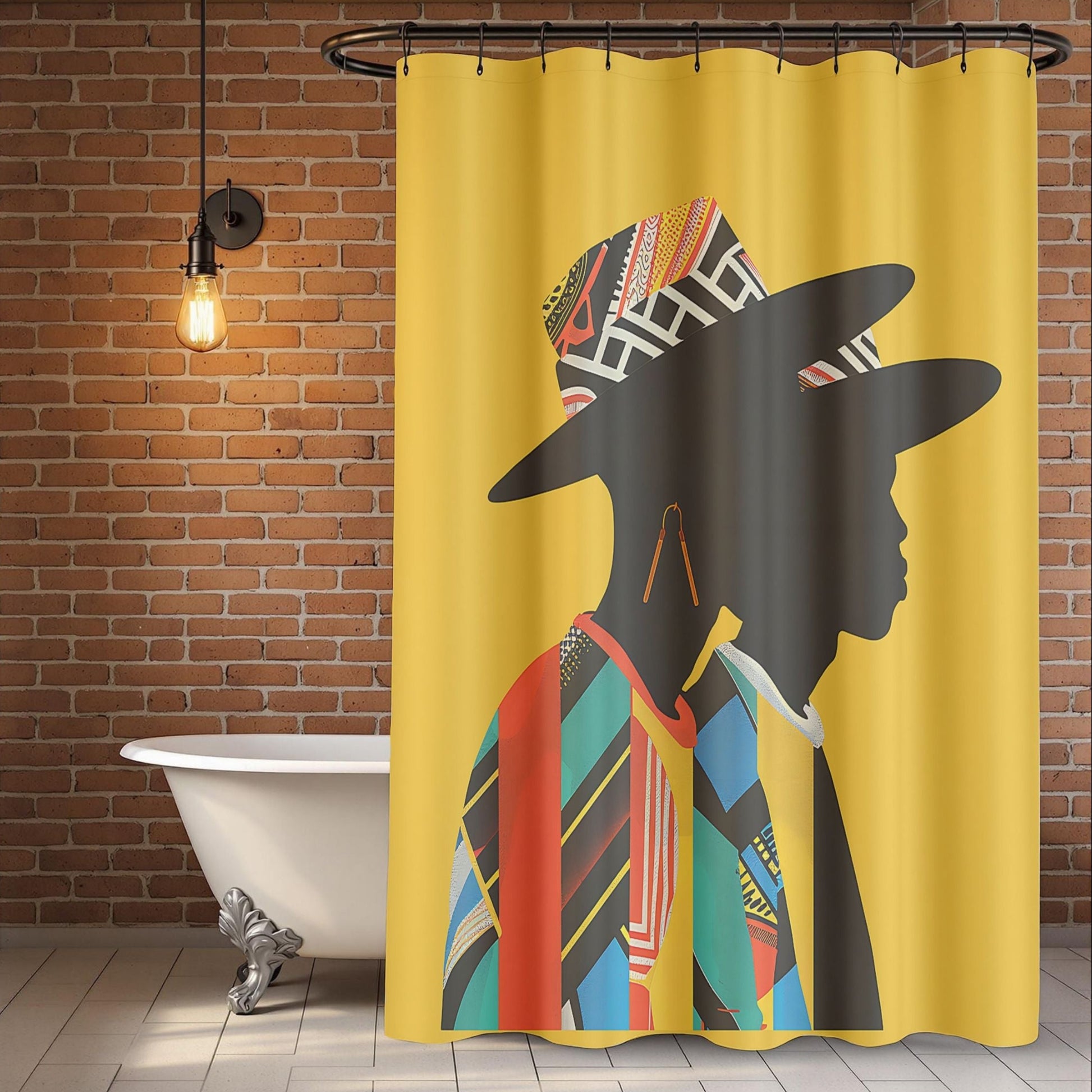 Shower curtain with a colorful design of a woman's silhouette on a yellow background in a bathroom.