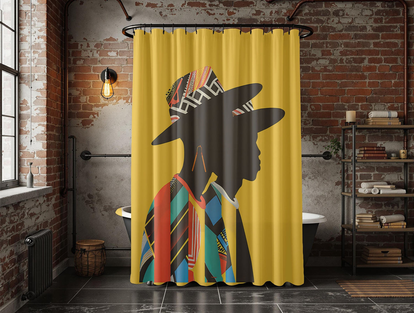 Shower curtain with a colorful design of a woman's silhouette on a yellow background, set in a bathroom with brick walls.