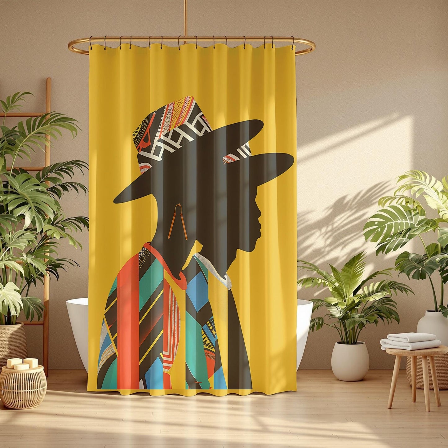 Shower curtain with colorful African-inspired design in a bathroom setting