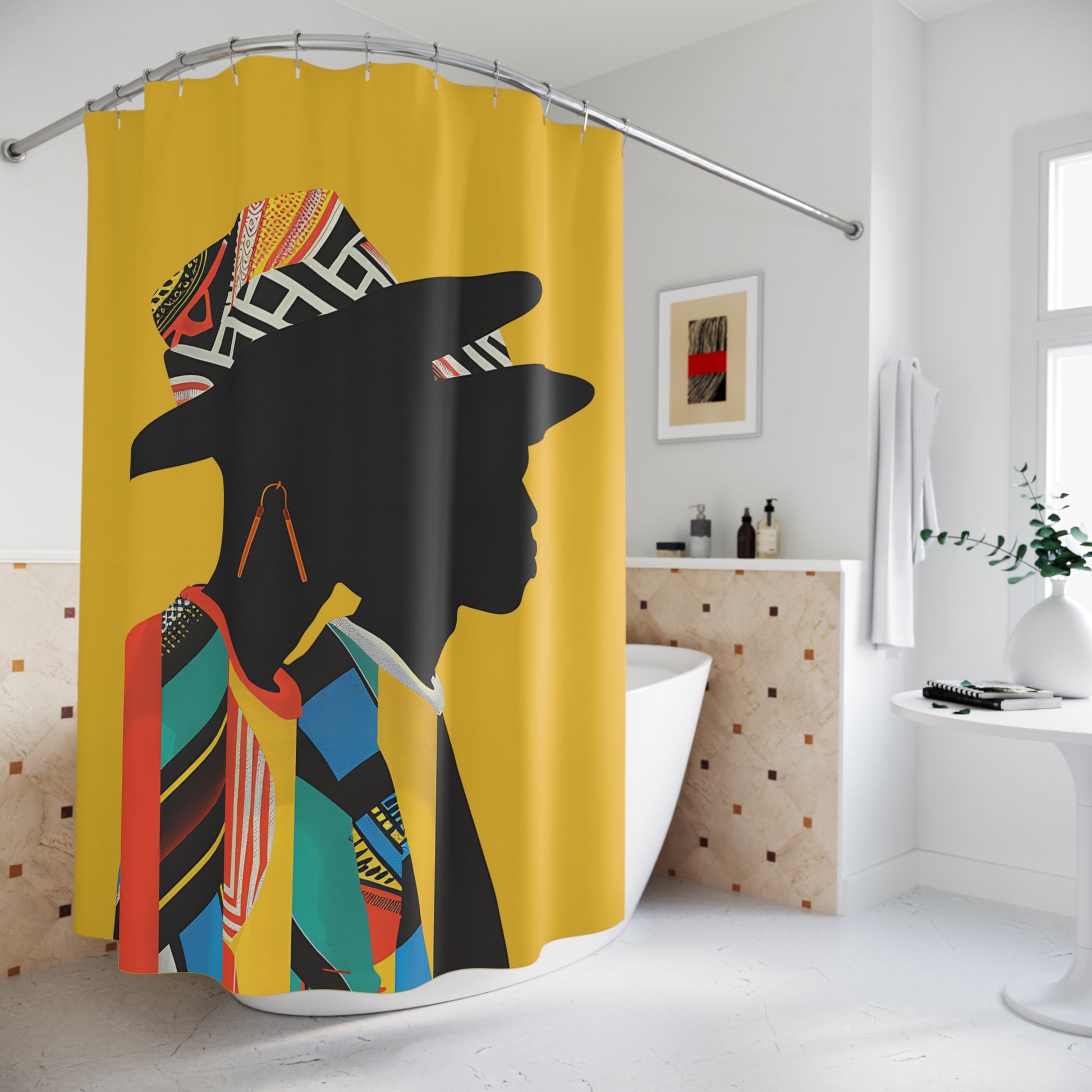 Shower curtain with a colorful African-inspired design in a bathroom setting