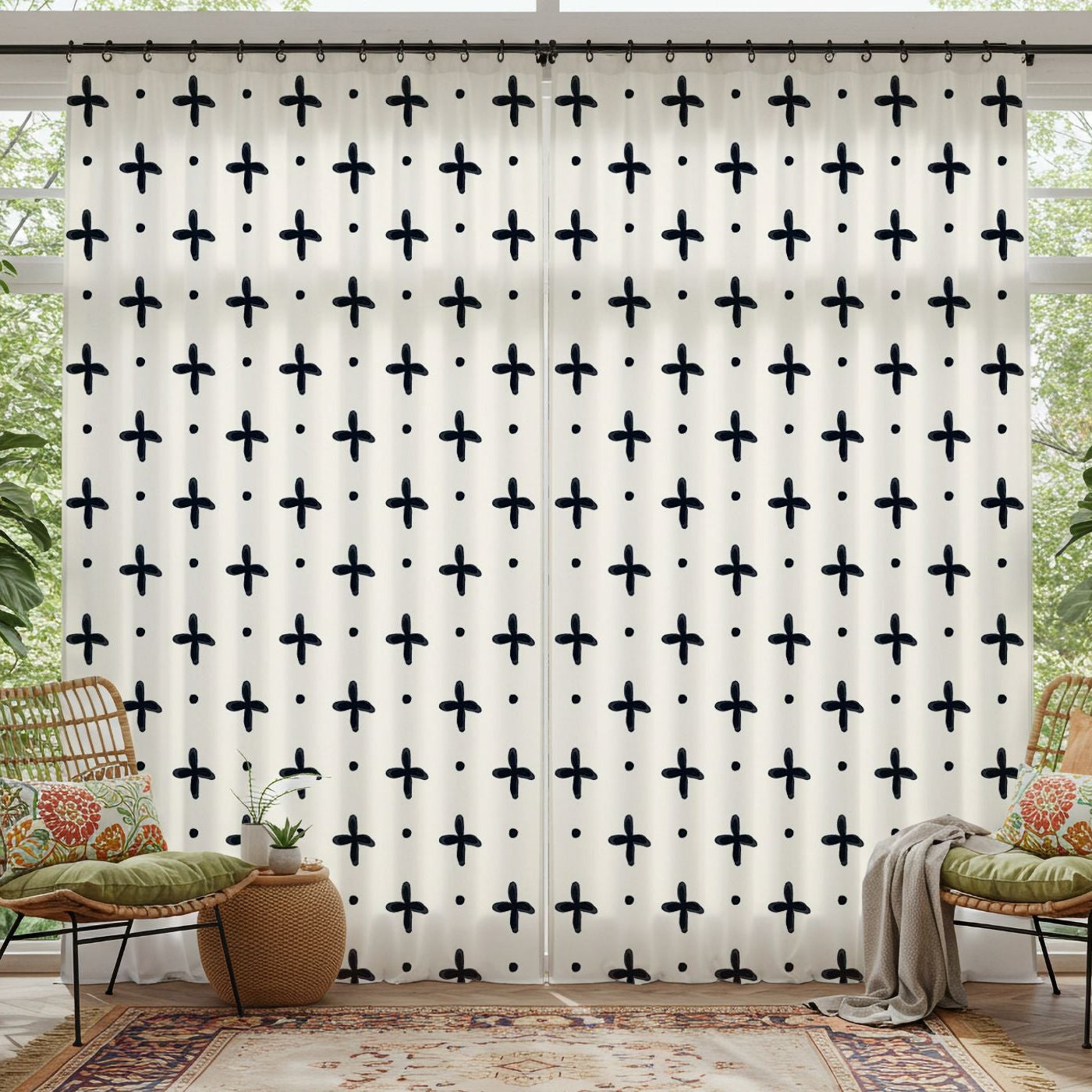 Window Curtains with black cross pattern in a bright room with plants and furniture.