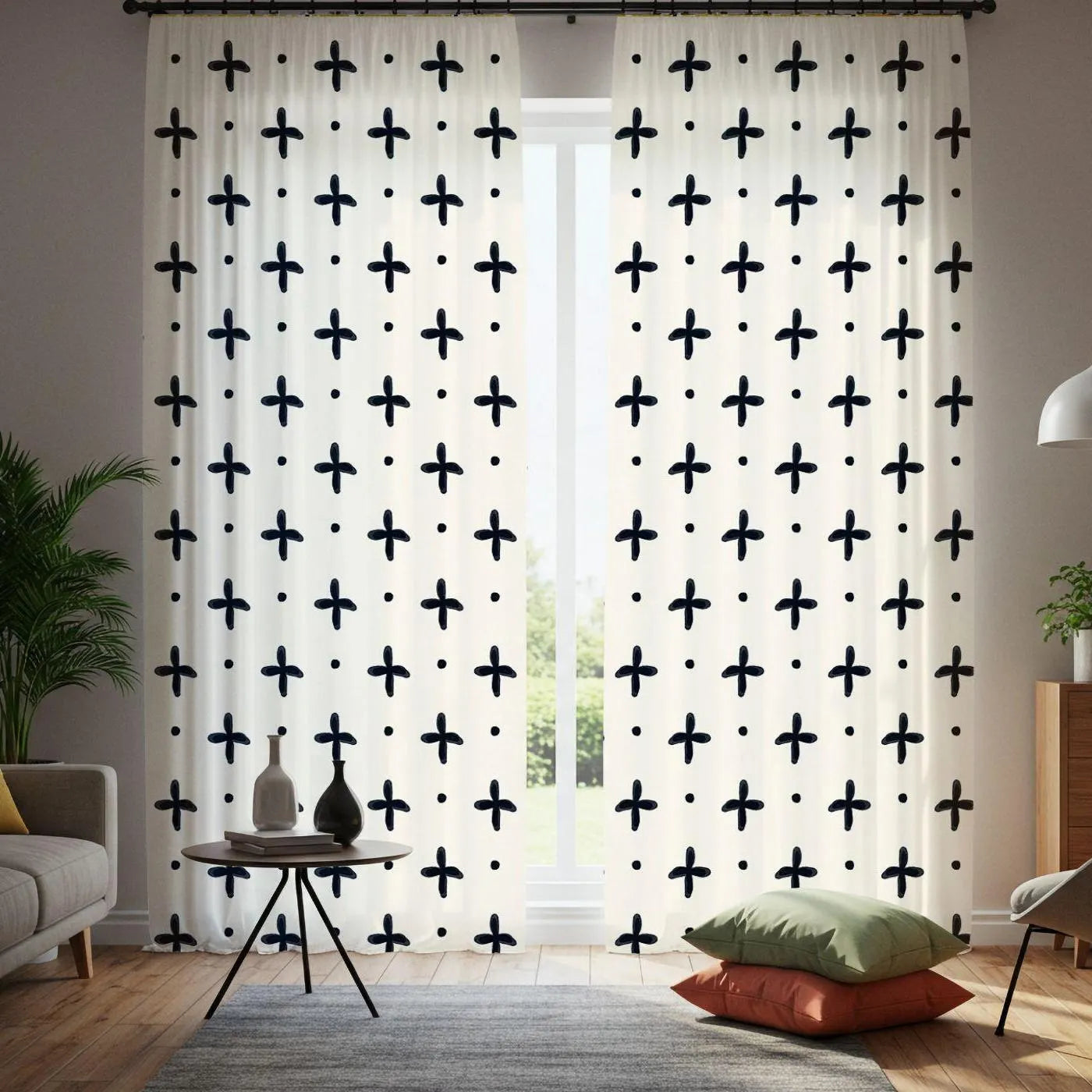 Curtains with a geometric pattern in a living room setting