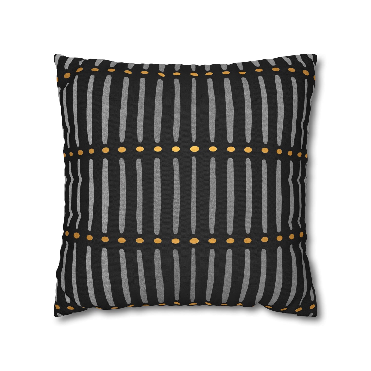 Decorative pillow with black, gray, and yellow pattern on a white background