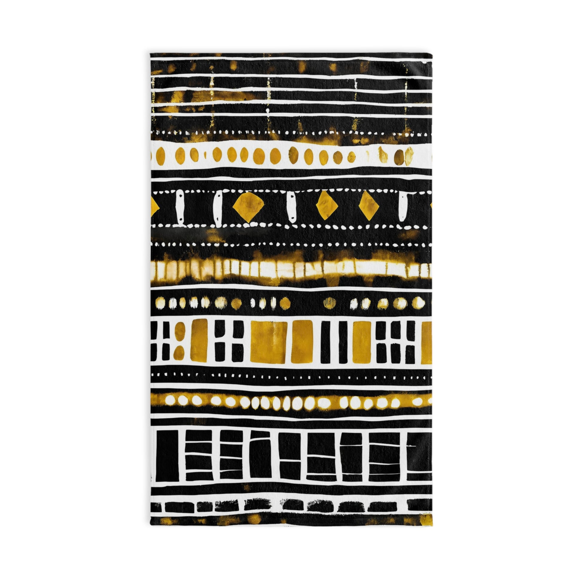 Towel with black, gold, and white pattern on a white background