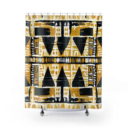 black gold mudcloth shower curtain geometric pattern on a white background